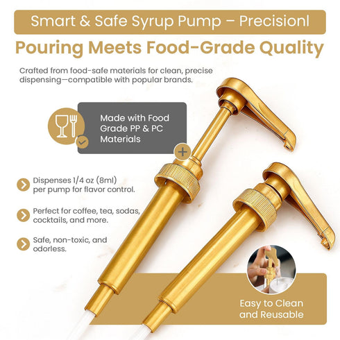 Syrup Pump for Coffee Syrup Bottles – 2-Pack Dispenser Pumps for 750ml Flavoring Syrup Bottles – Gold for Home & Cafe