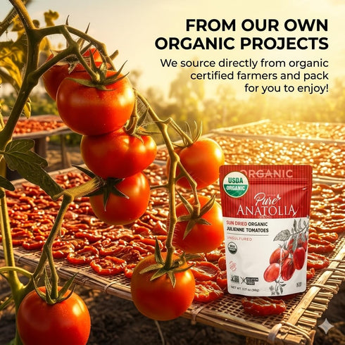 Packed, 3.17 oz Pure Anatolia Organic Sun-Dried Tomatoes Julienne Cut Dry No Oil Added, Unsulfured, No Preservatives