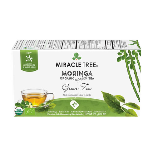 Miracle Tree Organic Moringa Superfood Tea, 25 Individually Sealed Tea Bags, Green Tea, Vegan