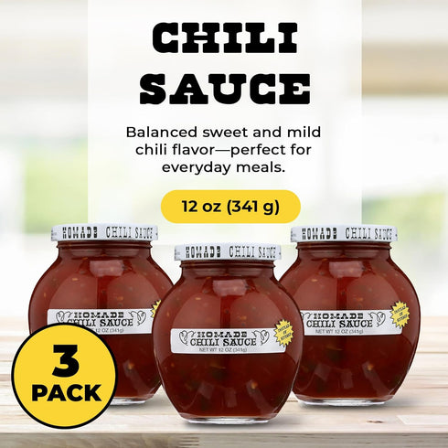 3 Pack (3 12 oz Homade Chili Sauce Bottles) Sweet & Tangy Tomato-Based Condiment for Meatballs, Meatloaf Glaze