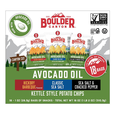 Pack, 18 Count (1 oz Boulder Canyon Avocado Oil Kettle Style Potato Chips Variety - Gluten-Free, Non-GMO, Hickory