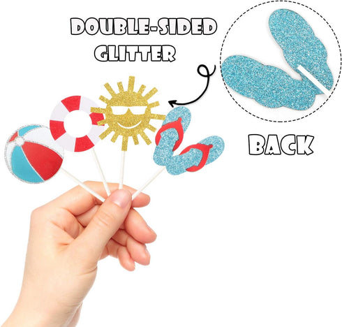 24Pcs Glitter Summer Beach Cupcake Toppers, Pool Party Picks for Hawaiian Theme Birthday Decorations