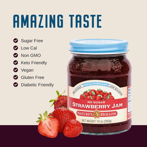 10oz Pack 2 Nature's Hollow Strawberry Jam: Sugar Free Jam and Preserves, Low Cal, Non GMO, Keto Jam, Vegan, Gluten