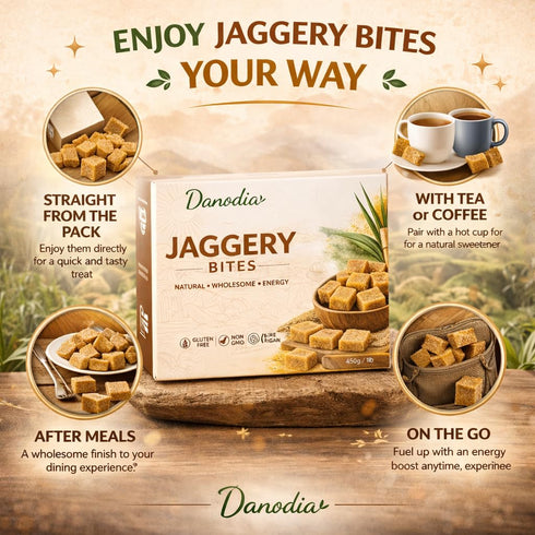 1 lb (450g), Danodia Foods Organic Snackable Jaggery Bites Pure & Natural, No Additives Sweetener, Vegan & Gluten-Free