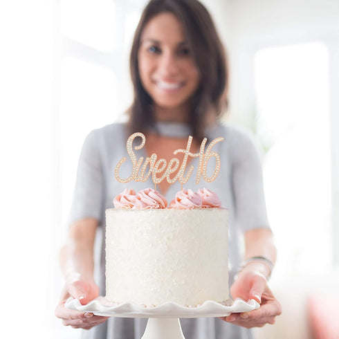 16 Cake Topper - Premium Rose Gold Metal - Sweet 16 Birthday Party Sparkly Rhinestone Decoration