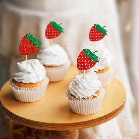 36 Pack Red Strawberry Cupcake Toppers, Strawberry Theme Picks for Birthday Wedding Baby Shower Summer Garden Party