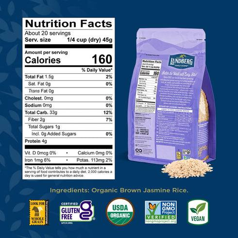 32 Oz Lundberg Organic Jasmine Rice, Long Grain Brown Rice - Non-Sticky, Fluffy Aromatic Rice, Organically Grown