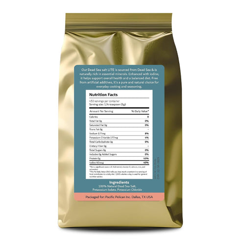 30% (2 lbs) Pacific Pelican Less Sodium Iodized Dead Sea Lite Salt - Fine Grain | Unrefined Kosher, Natural Iodized