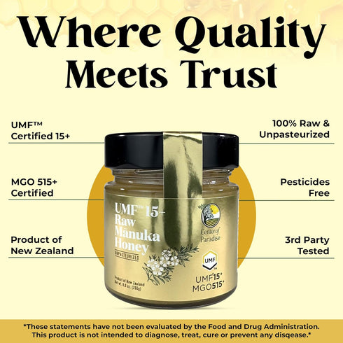 15+ 515+ (250g 8.8oz) Immune Center of Paradise Raw Manuka Honey Certified UMF | MGO / Glass Jar - Pure & Natural New
