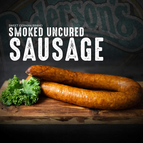(4 Pack, 14oz Pedersons Farms, Sweet German Smoked Uncured Rope Pork Sausage, Use/Freeze) Fully Cooked, No Nitrates