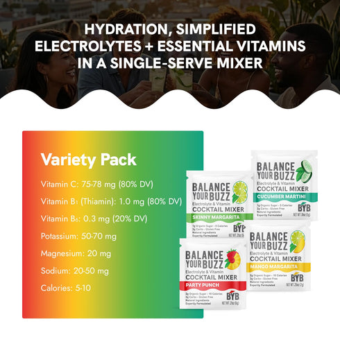 Pack (12) BYB Mixers Variety Organic Cocktail & Mocktail Mixers Party Punch, Cucumber Mint Martini, Mango Margarita