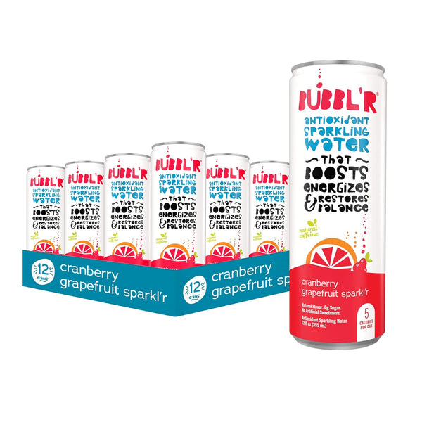 BUBBL'R cranberry grapefruit sparkl'r, Antioxidant Sparkling Water with Natural Caffeine, 0g Sugar,