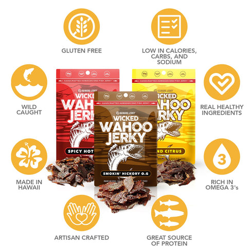 Pack Omega-3 2oz (3-Pack) Wahoo Ono Fish Jerky Variety - Smokin' Hickory O.G, Island Citrus & Spicy Chili - Organic