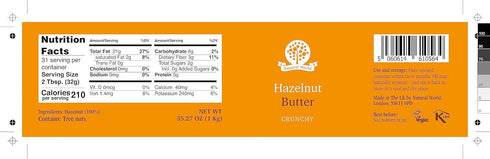 35 Oz (1kg) 100% Nutural World - Crunchy Hazelnut Nut Butter - Pure/Single Ingredient - Great Taste Award winner