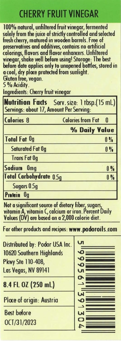 8.4 Oz. 100% PDR Premium Cherry Vinegar - fl. - Natural, Aged in Oak Barrels, Fermented, Unfiltered, Vegan