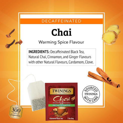 100 Count (Pack 1), 100 Twinings Decaffeinated Chai Individually Wrapped Bags, of Sweet, Savoury Spices, Enjoy Hot