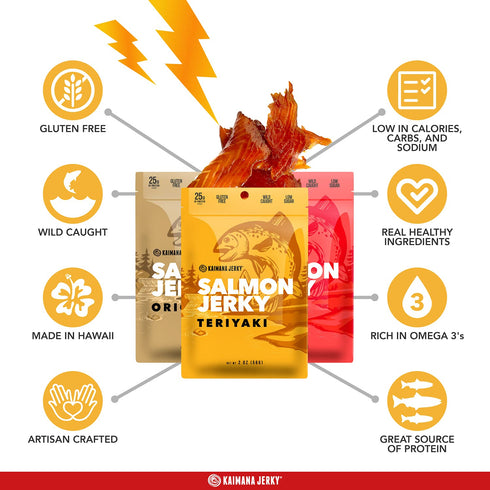 Omega-3, 3-Pack Kaimana Jerky Wild Caught Salmon Jerky - Organic Dried Fish Strips Rich in Protein - Low-Calorie