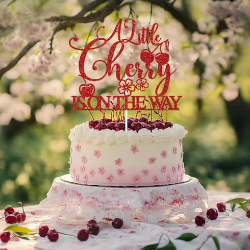 Sriburcio Summer Red Glitter A Litte Cherry is on the Way Cake Topper, Cherry Sweet Baby/Cherry Oh Baby, Funny Cherry