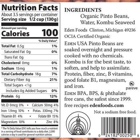 15 oz Eden Organic Pinto Beans, Can, No Salt, Non-GMO, Gluten Free, Vegan, Kosher, U.S. Grown, Heat and Serve