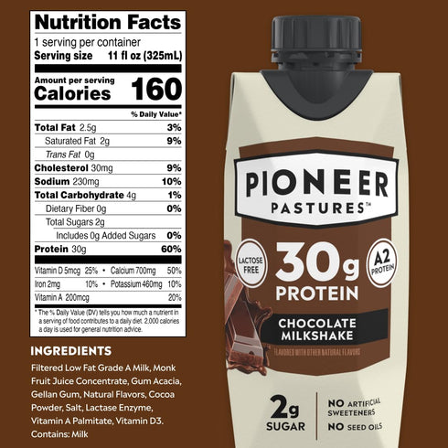 A2 A2 30g 2g 11oz, 12 Pack Pioneer Pastures - High Protein Milkshakes - Chocolate - Nutritional Milk, Protein, Sugar
