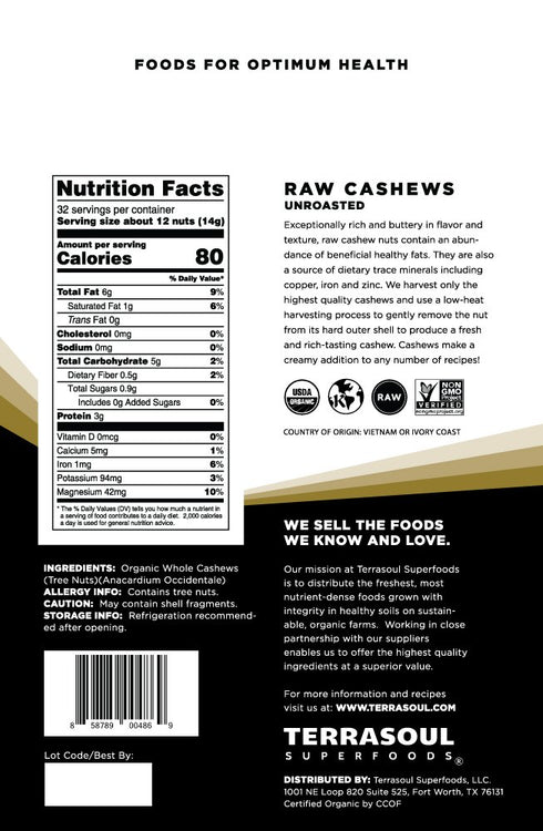 16 Oz, Terrasoul Superfoods Organic Raw Cashews, Premium Quality for Snacking, Baking, and Culinary Creations