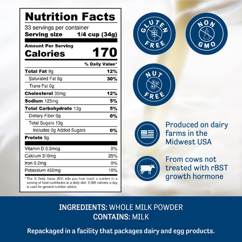 40 oz, Pack 1 Judee's Gluten Free Whole Milk Powder - Versatile Powdered Milk for Baking - Shelf Stable Dry Mix