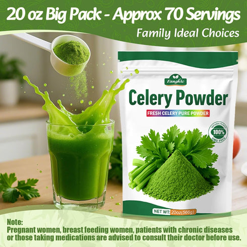 20 oz, 1.25 lb 70 Pack 100% Fangkic Pure Celery Powder Fresh Celery Juice Powder for Drink, / Servings per with a