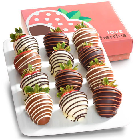 12 Chocolate Covered Strawberries, Dark/Milk/White Delight