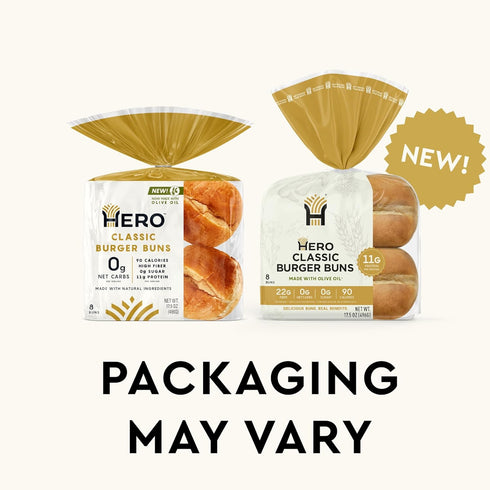 0g 0g 90 (16 Pack 2) Hero Classic Hamburger Buns - Burger Buns | Net Low Carb Buns | High Fiber, Net Carbs, Sugar