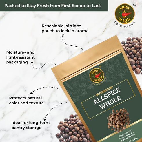 4 oz (113g) 100% packed, Spice Magic Allspice Whole, - Premium Whole Jamaican Pimento Berries for Savory and Sweet