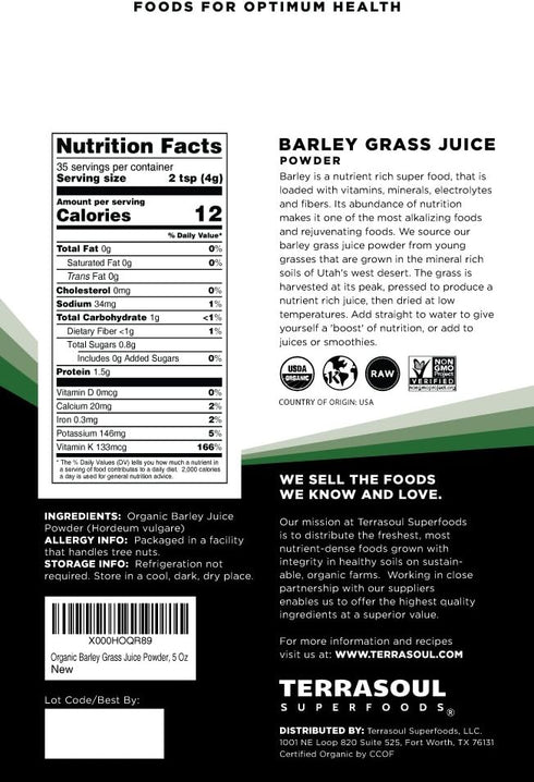 5 Oz Terrasoul Superfoods Organic Barley Grass Juice Powder, - USA Grown | Made From Concentrated Juice | Superior