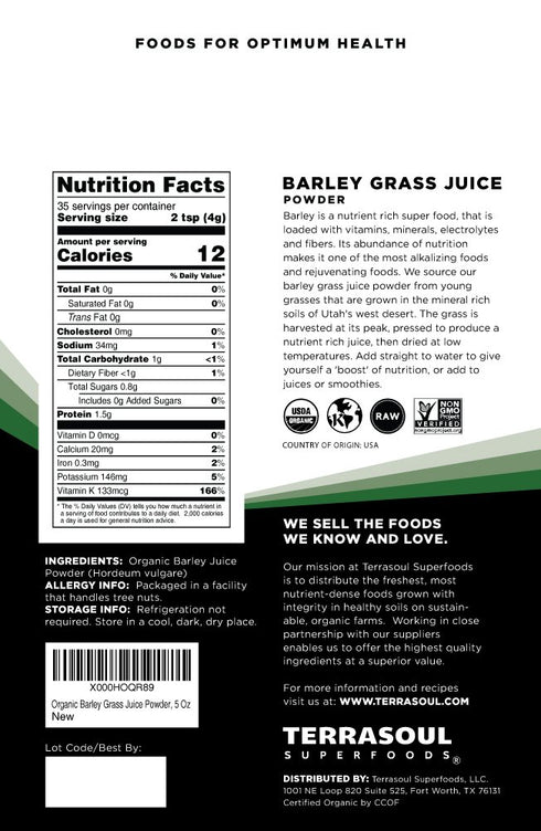 10 Oz Terrasoul Superfoods Organic Barley Grass Juice Powder, - USA Grown | Made From Concentrated Juice | Superior