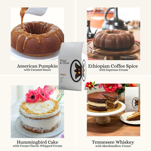 4-Pack Set: Pack Flour & Olive Premium Cake Mix Gift Almond, Chocolate, Ginger, Vanilla | Global Gourmet Artisan Baking