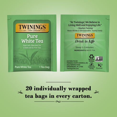 20 Count (Pack 2) Twinings Pure White Tea Bags - Delicate Caffeinated Tea Made from Fresh White Tea Leaves, Perfect