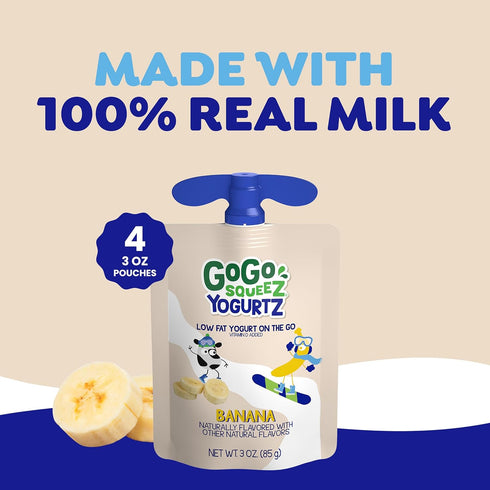 3 oz (Pack 4), GoGo squeeZ yogurtZ Banana, of Kids Snacks Made from Real Yogurt and Fruit, Pantry Friendly, No Fridge