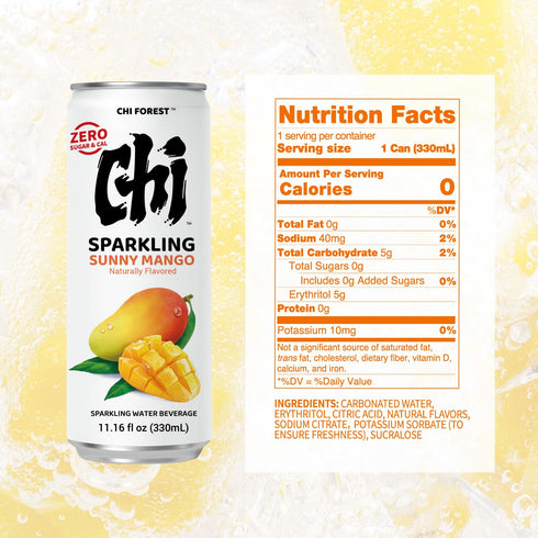 11.16 oz (Pack 24) CHI FOREST Mango Sparkling Water Beverage, Zero Sugar Drinks, Zero Artificial Flavor, fl Cans