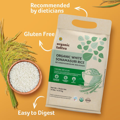 (10 lbs) Organic Tattva Sonamasuri Rice - Organic Medium Grain Rice - Lightweight - Natural Aroma - No Additive - Vegan