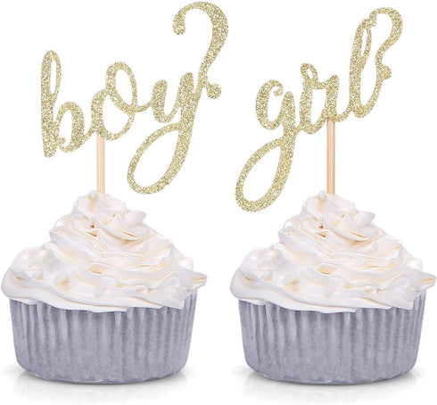 24 CT Gold Glitter Cupcake Toppers for Boy or Girl Gender Reveal Party Decors