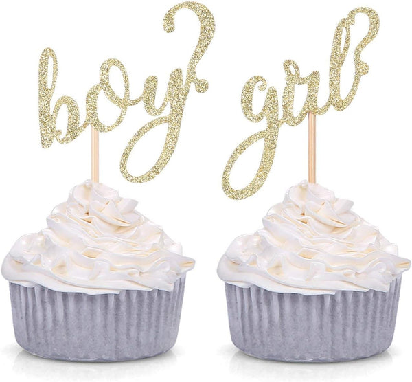 24 CT Gold Glitter Cupcake Toppers for Boy or Girl Gender Reveal Party Decors