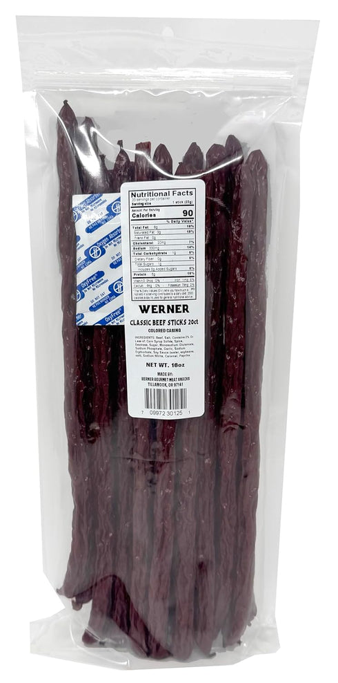 Pack 20 12" 16 Werner Beef Meat Sticks of All Beef Meat Snacks - Big Sticks Ounce