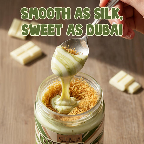 9.7 oz Dubai Spreadable White Chocolate Pistachio Spread with Roasted Phyllo, Gourmet Breakfast Chocolate