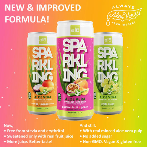 11.2 oz, Pack 6 ALO Sparkling Passion Fruit & Peach Carbonated Aloe Vera Juice Drink | fl of | Plant-Based Beverage