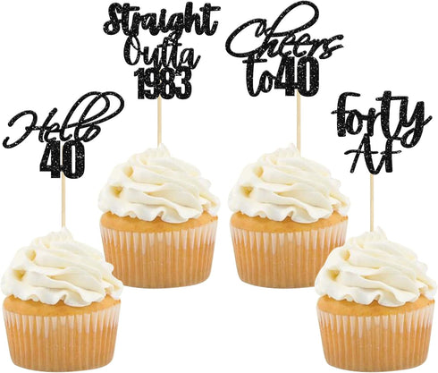 Gyufise 48 Pack Black Glitter Hello 40 Cupcake Toppers for 40th Birthday Anniversary Party Cake Decorations Supplies