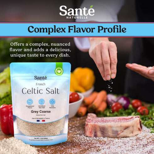 1.1lb (18oz) 82+ Sante Naturelle Celtic Salt Grey Coarse - Unrefined French Sea Salt Organic, Rich in Minerals Salt