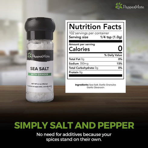 PepperMate Sea Salt Seasoning With Grinder- Blend In Glass Grinder Container For Freshness- Gourmet Sea Salt Spices