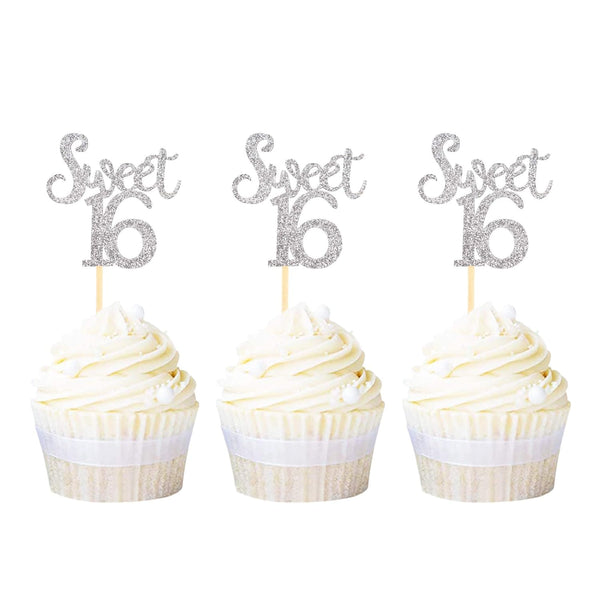 Ercadio Silver Sweet 16 Cupcake Toppers - Glitter Age Sixteen Picks for 16th Birthday Party Cake Decorations, 24 PCS