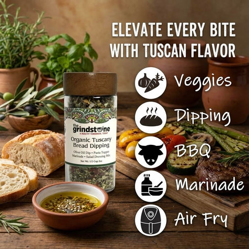 2 oz. Pack 2 The Grindstone, Organic Tuscany bread dipping mix, perfect seasoning spice with extra virgin olive oil