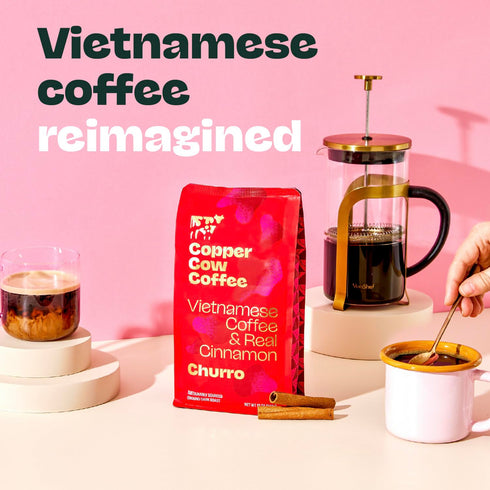 10 OZ 100% Copper Cow Premium Vietnamese Ground Coffee, | Churro Flavored Coffee | Dark Roast Made with Real Cinnamon |