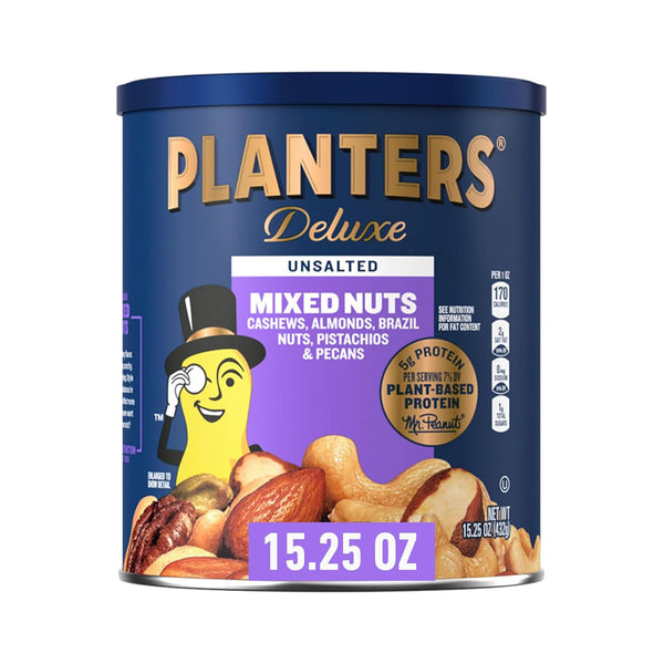 PLANTERS Unsalted Mixed Nuts, Cashews, Pistachios, Almonds, Brazil Nuts, and Pecans, Plant-Based