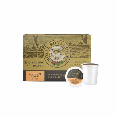 Royal Kona Roy's Pacific Coast, 10% Kona Coffee Blend, Medium-Dark Roast Single-Serve Pods, 12 Count Box